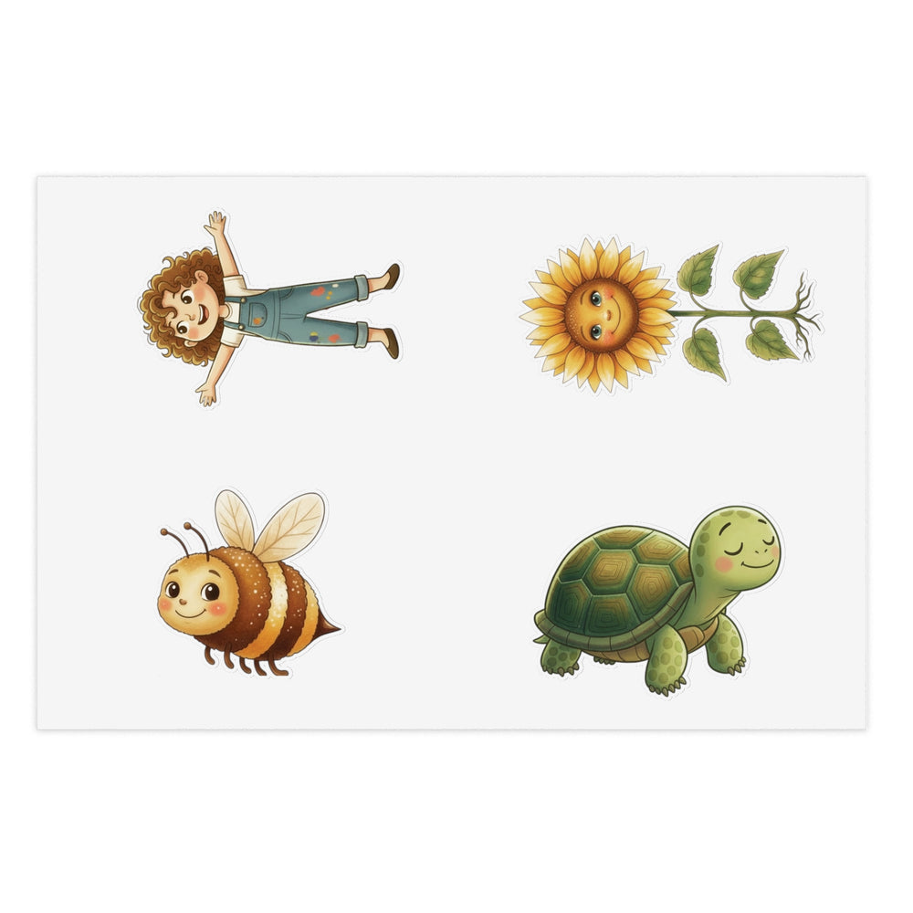 Sticker sheet with Mari, Sunny, Clover, and Moss from Cottage Creek Garden in watercolor style
