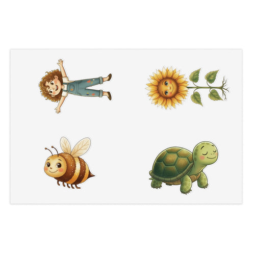 Sticker sheet with Mari, Sunny, Clover, and Moss from Cottage Creek Garden in watercolor style
