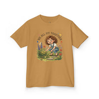 Kids' tee with a curly-haired gardener beneath the willow from Cottage Creek Garden