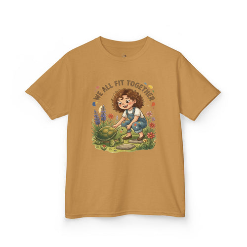 Kids' tee with a curly-haired gardener beneath the willow from Cottage Creek Garden