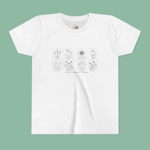 Youth tee with a grid of hand-drawn Cottage Creek Garden botanical illustrations