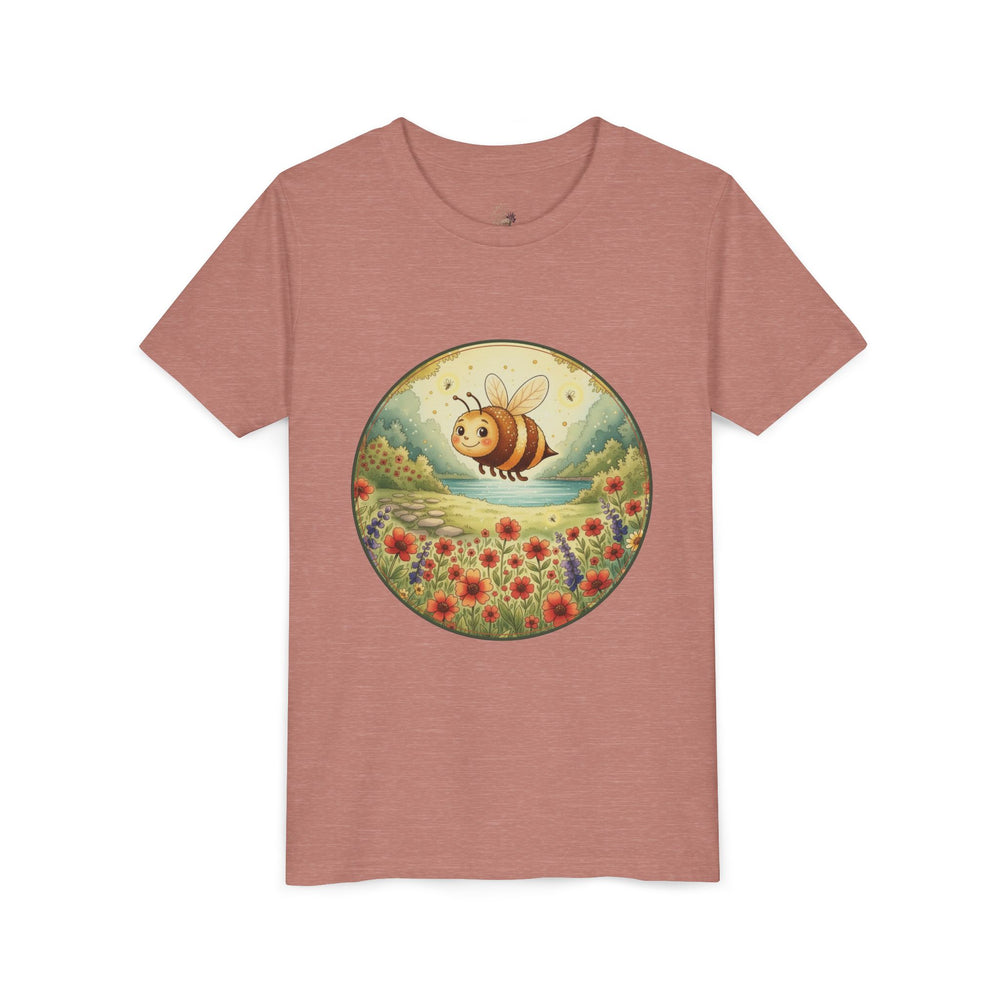 Youth tee featuring Clover the honeybee over a meadow from Cottage Creek Garden