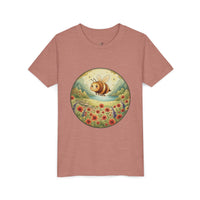 Youth tee featuring Clover the honeybee over a meadow from Cottage Creek Garden