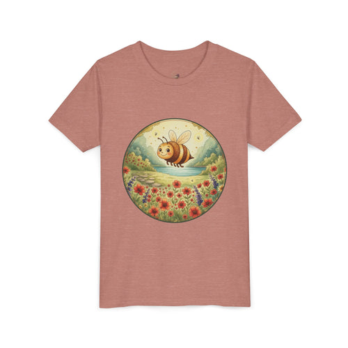 Youth tee featuring Clover the honeybee over a meadow from Cottage Creek Garden