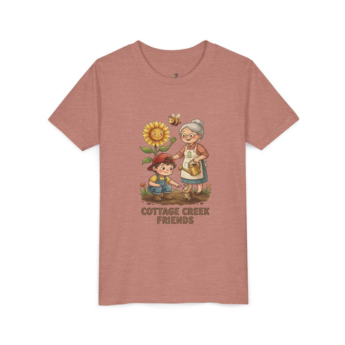 Youth tee with the Cottage Creek Garden crew gathered among the sunflowers