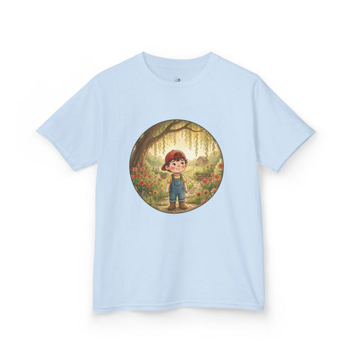 Kids' tee featuring Theo the little gardener from Cottage Creek Garden