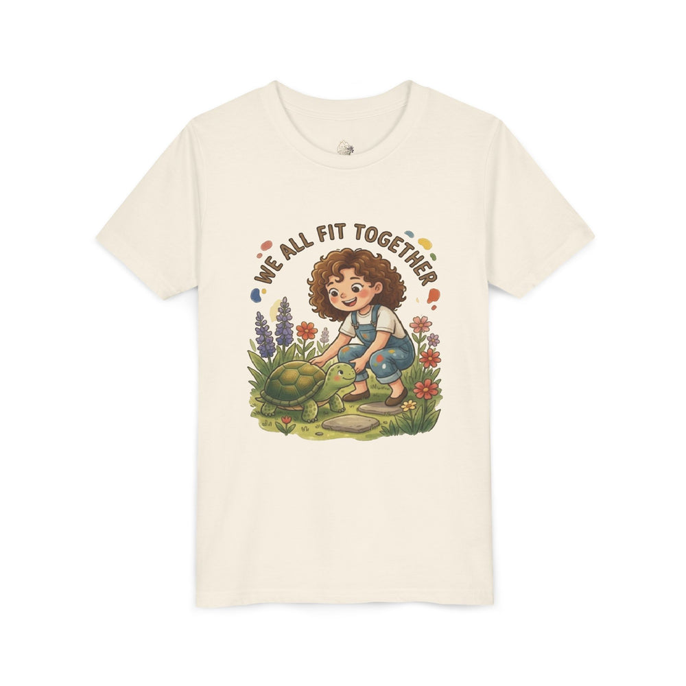Youth tee with a curly-haired gardener beneath the willow from Cottage Creek Garden