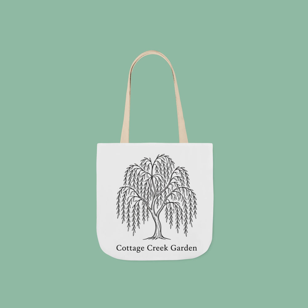Canvas tote bag with the fine-inked Cottage Creek Garden weeping willow across the front