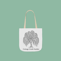 Canvas tote bag with the fine-inked Cottage Creek Garden weeping willow across the front