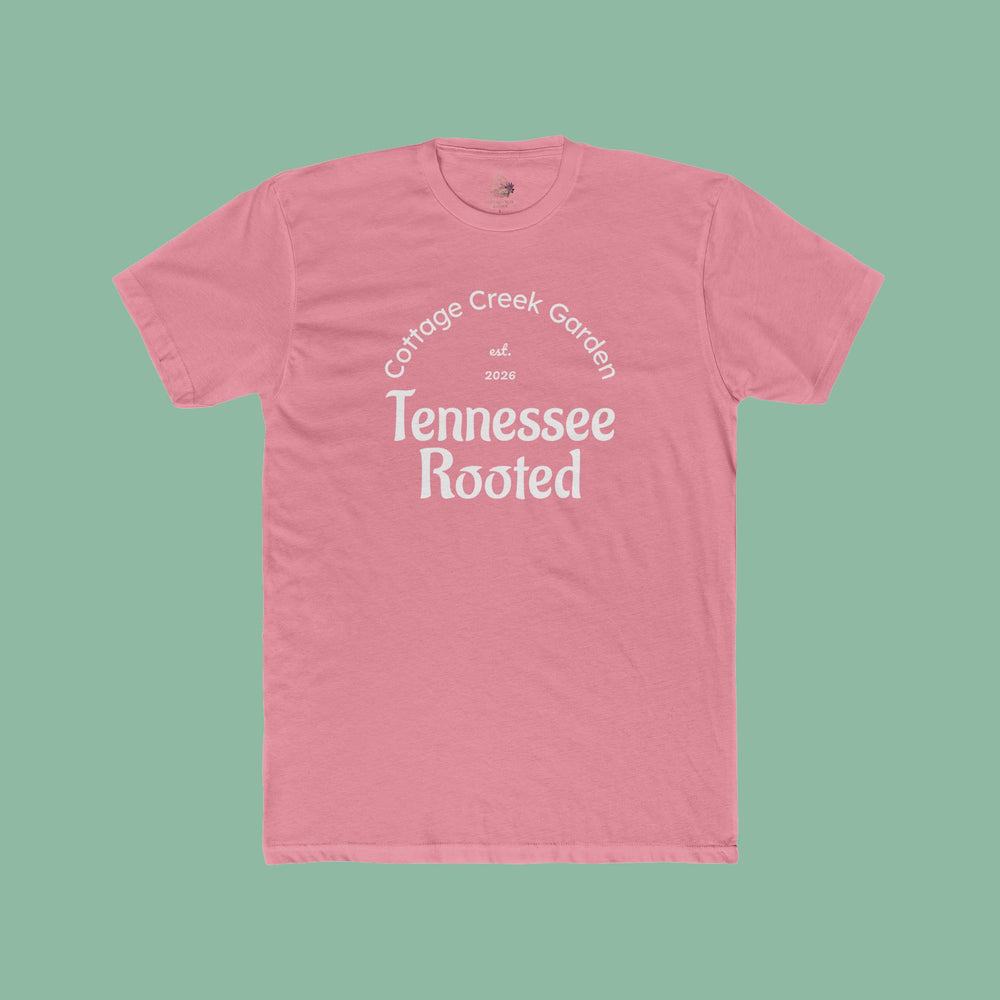 Women's tee with a vintage Tennessee Rooted Cottage Creek Garden graphic in terracotta