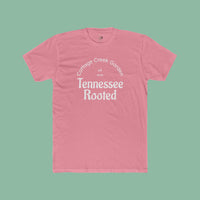 Women's tee with a vintage Tennessee Rooted Cottage Creek Garden graphic in terracotta