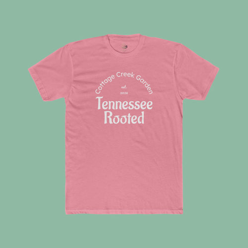 Women's tee with a vintage Tennessee Rooted Cottage Creek Garden graphic in terracotta