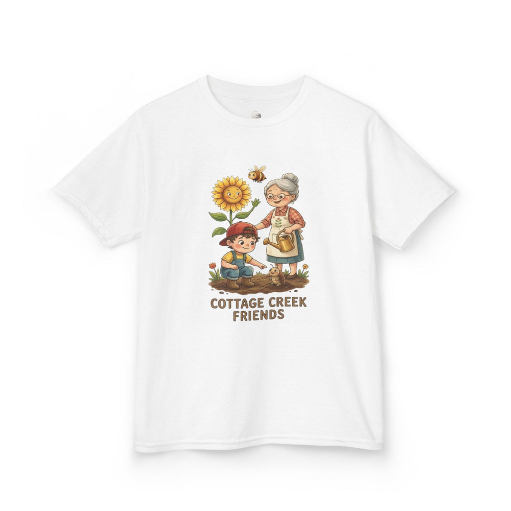 Kids' tee with the Cottage Creek Garden crew gathered among the sunflowers