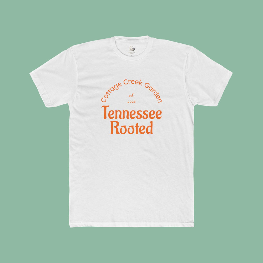 Men's tee with a vintage Tennessee Rooted Cottage Creek Garden graphic in terracotta