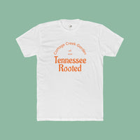 Men's tee with a vintage Tennessee Rooted Cottage Creek Garden graphic in terracotta