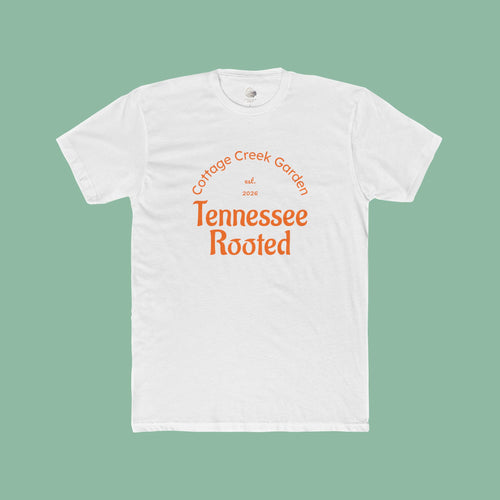 Men's tee with a vintage Tennessee Rooted Cottage Creek Garden graphic in terracotta