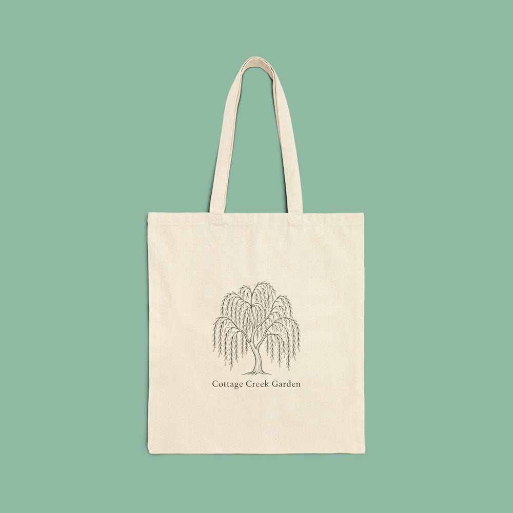 Natural cotton canvas tote with the Cottage Creek Garden willow printed low on the front