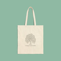 Natural cotton canvas tote with the Cottage Creek Garden willow printed low on the front