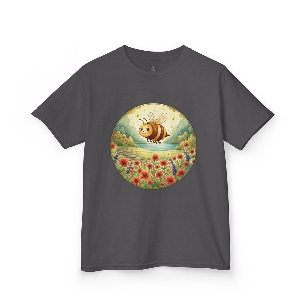 Kids' tee featuring Clover the honeybee over a meadow from Cottage Creek Garden