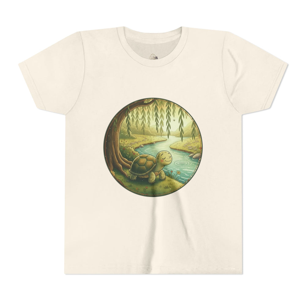 Youth tee featuring Moss the tortoise by the willow and creek from Cottage Creek Garden