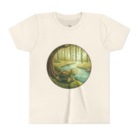 Youth tee featuring Moss the tortoise by the willow and creek from Cottage Creek Garden