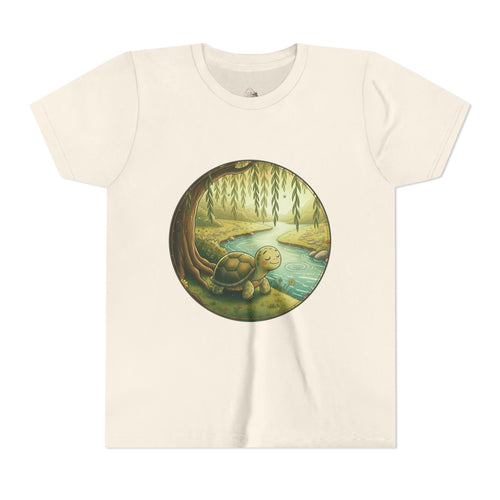 Youth tee featuring Moss the tortoise by the willow and creek from Cottage Creek Garden