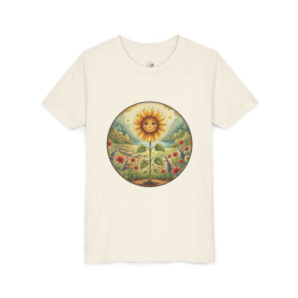 Youth tee featuring Sunny the sunflower in a wildflower meadow from Cottage Creek Garden