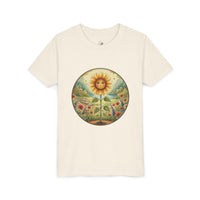 Youth tee featuring Sunny the sunflower in a wildflower meadow from Cottage Creek Garden