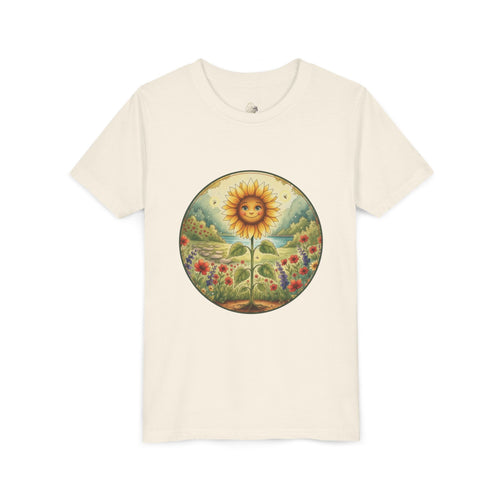 Youth tee featuring Sunny the sunflower in a wildflower meadow from Cottage Creek Garden