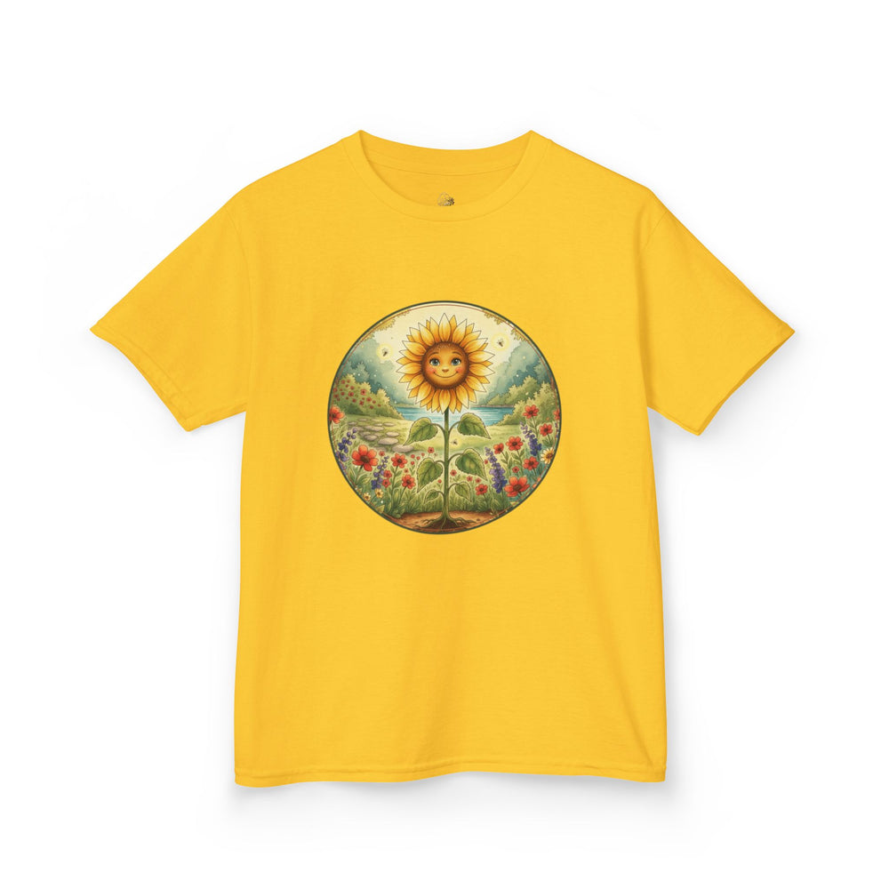 Kids' tee featuring Sunny the sunflower in a wildflower meadow from Cottage Creek Garden