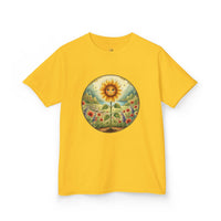 Kids' tee featuring Sunny the sunflower in a wildflower meadow from Cottage Creek Garden