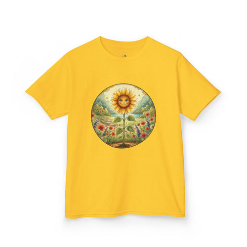 Kids' tee featuring Sunny the sunflower in a wildflower meadow from Cottage Creek Garden