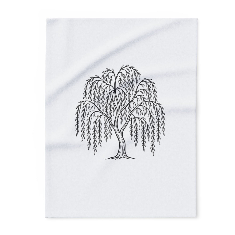 Soft fleece blanket with a hand-drawn weeping willow from Cottage Creek Garden