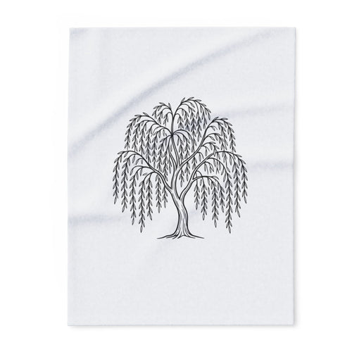Soft fleece blanket with a hand-drawn weeping willow from Cottage Creek Garden