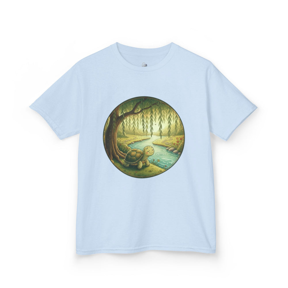 Kids' tee featuring Moss the tortoise by the willow and creek from Cottage Creek Garden