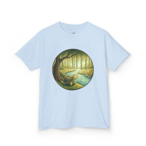 Kids' tee featuring Moss the tortoise by the willow and creek from Cottage Creek Garden