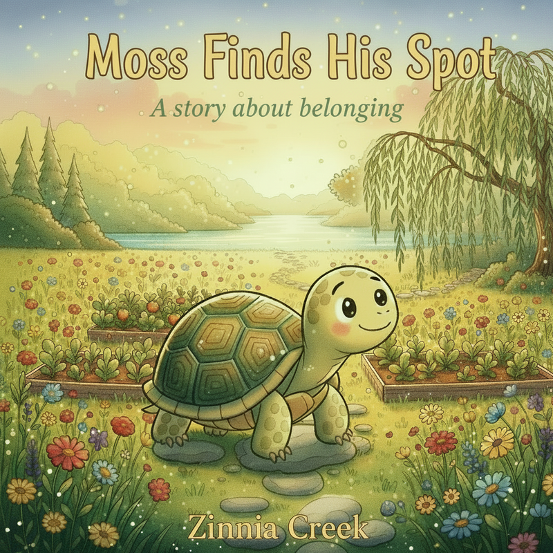 Moss Finds His Spot book cover — Moss the tortoise smiling in a flower-filled garden beneath the willow