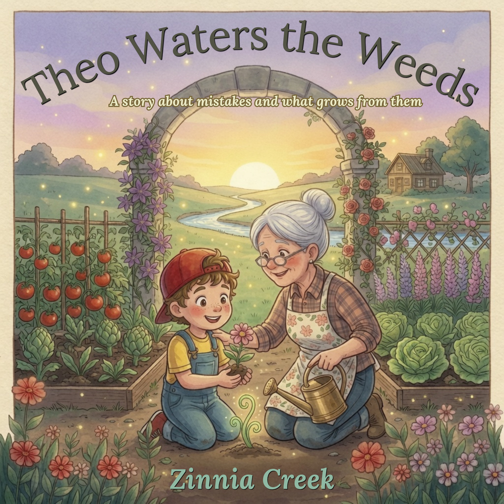 Theo Waters the Weeds book cover — Theo and Grandma Bea in the garden at sunset