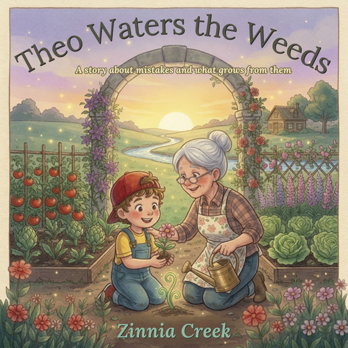Theo Waters the Weeds book cover — Theo and Grandma Bea in the garden at sunset