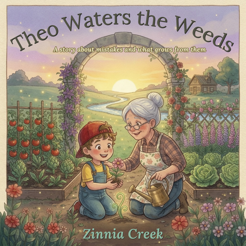 Theo Waters the Weeds book cover — Theo and Grandma Bea in the garden at sunset